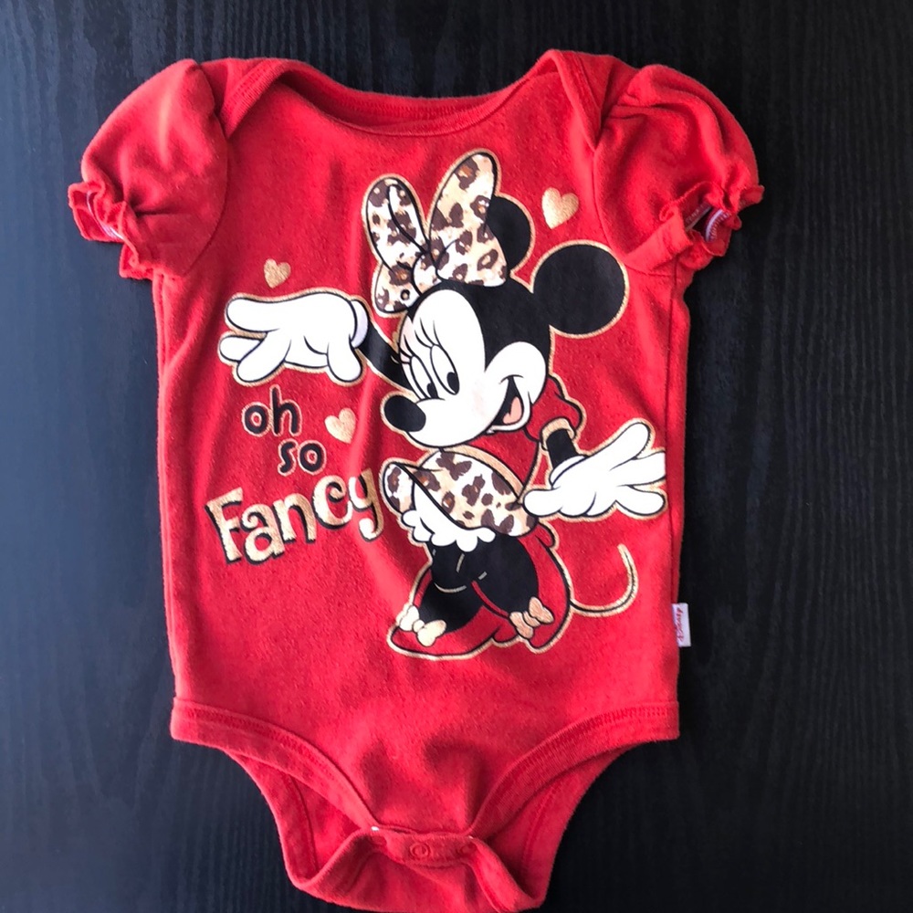 Red Disney Minnie Mouse onesie shirt sleeve